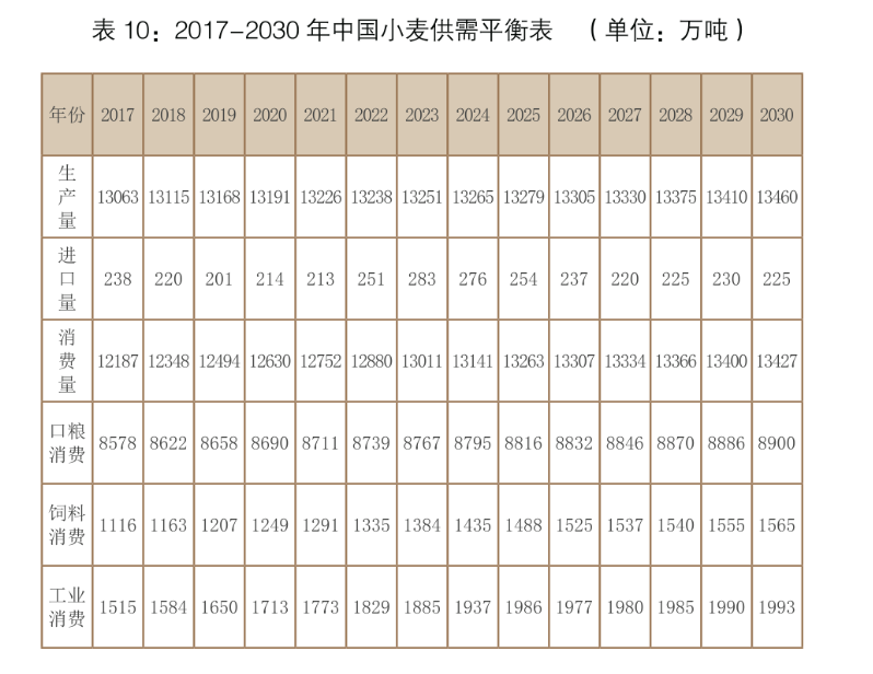 2017-2030中国小麦供需平衡表